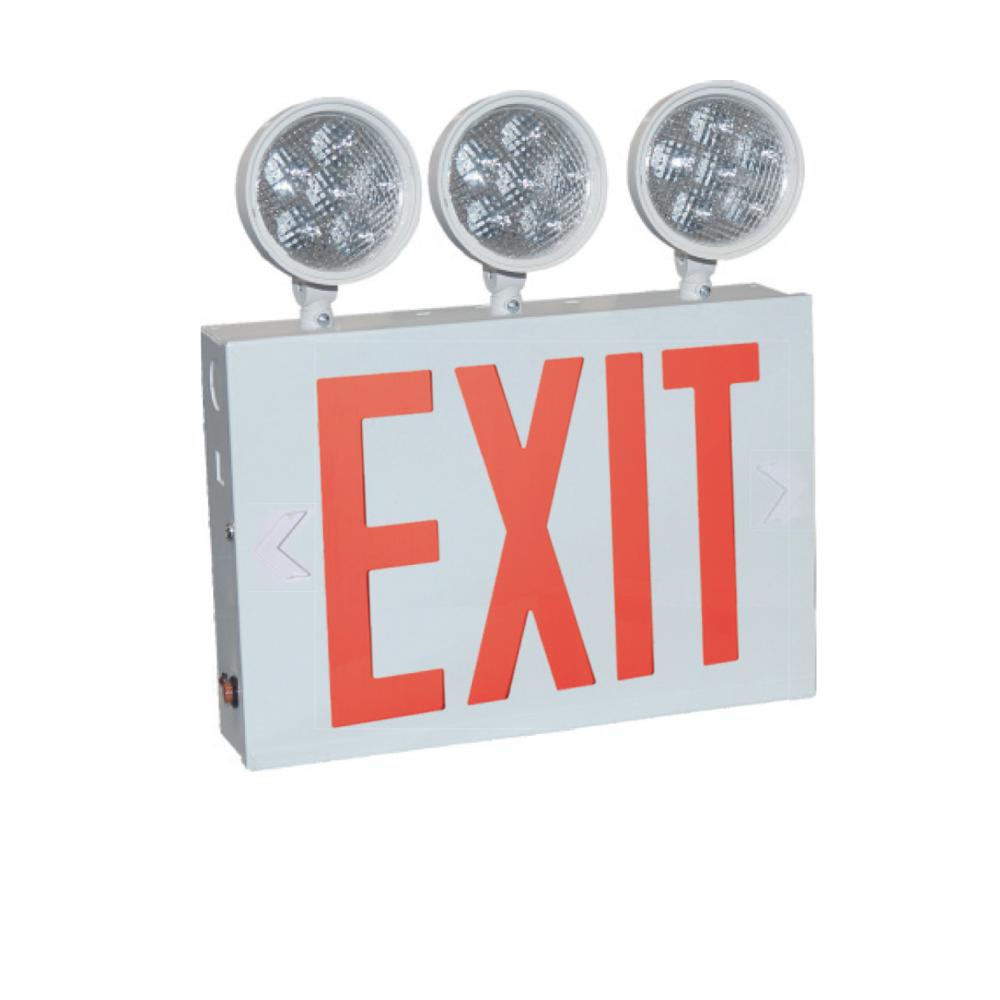 NYC Approved Steel LED Exit with Three 9W Adjustable Heads, Battery Backup, White Housing w/ Red