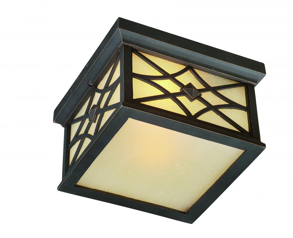 Two Light Amber Glass Brushed Bronze Outdoor Flush Mount