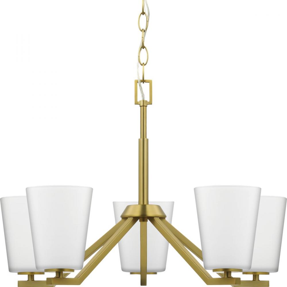 Vertex Collection Five-Light Brushed Gold Etched White Contemporary Chandelier