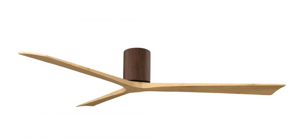 Irene-3H three-blade flush mount paddle fan in Walnut finish with 72” Light Maple tone blades. 