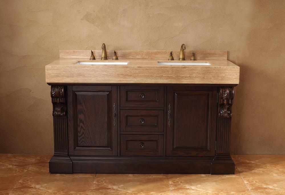 Classico - 60" Double Travertine Top Vanity, Dark Cherry