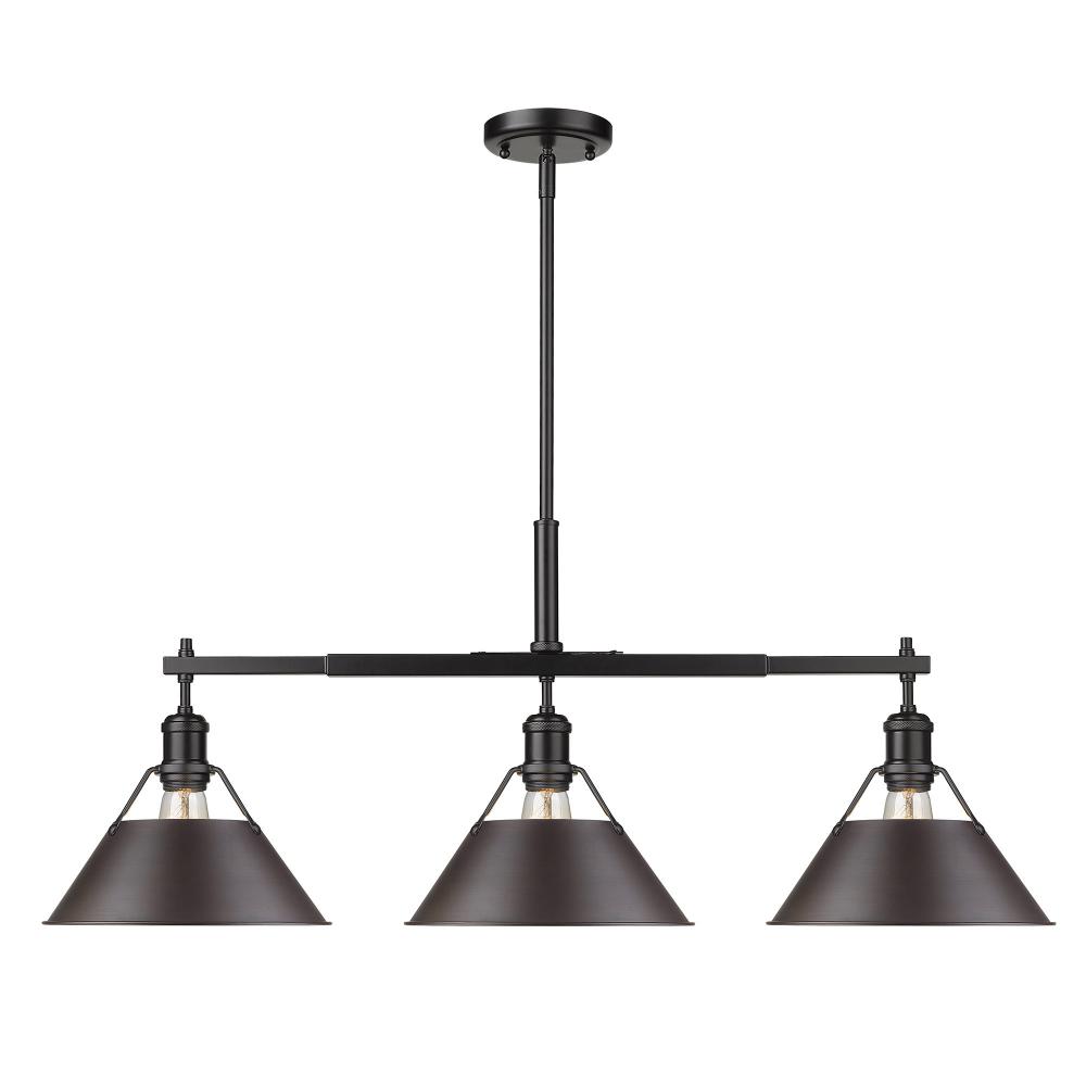 Orwell BLK 3 Light Linear Pendant in Matte Black with Rubbed Bronze shades