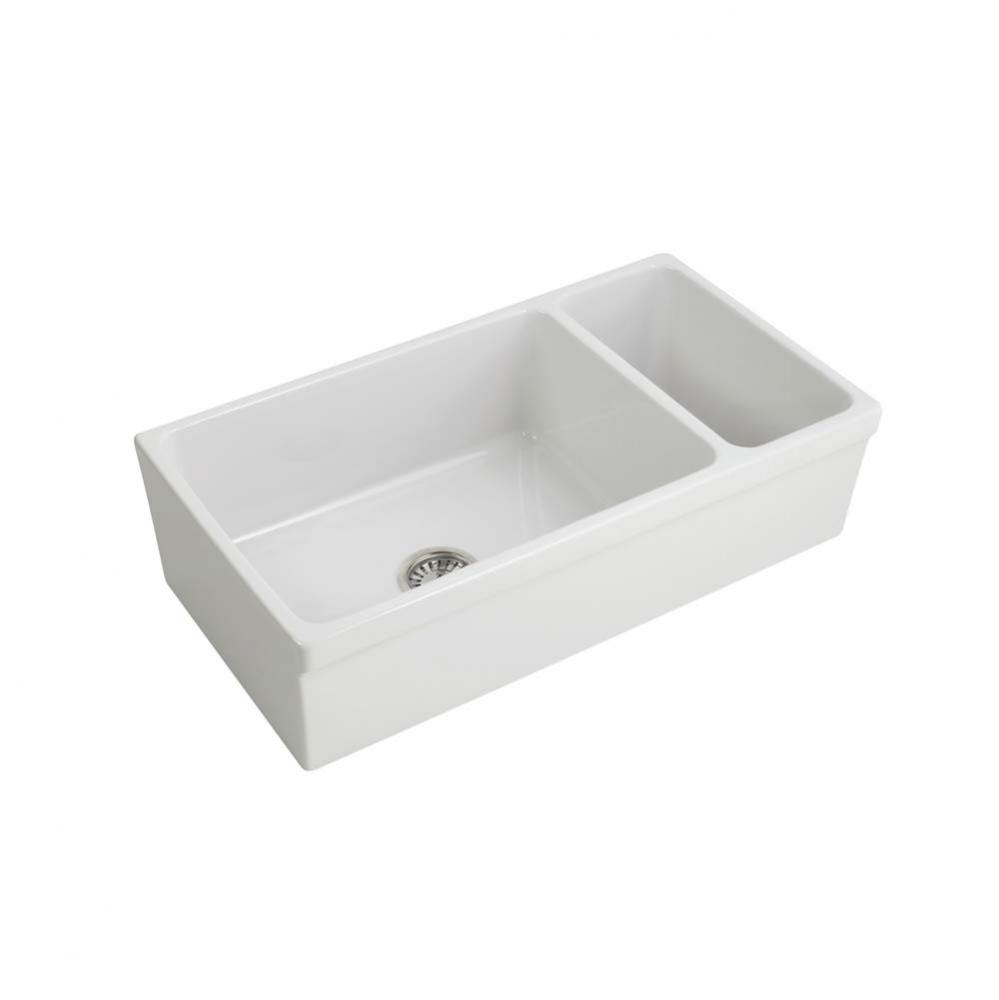 Lowell 36'' Dbl Bowl,Small owl Right,Fireclay Apron Front Sink-WH