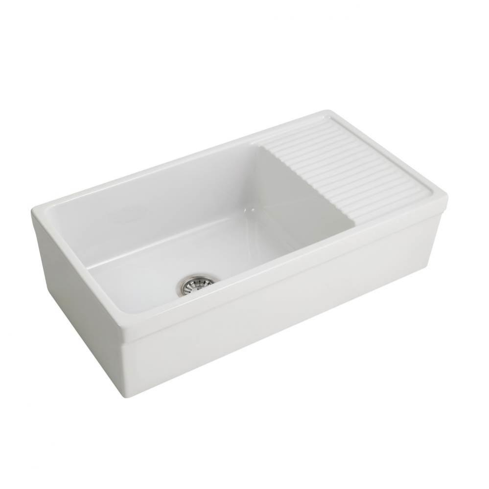 Inez 36'' Single Bowl Fireclay Apron Front Sink w Drainboard-WH