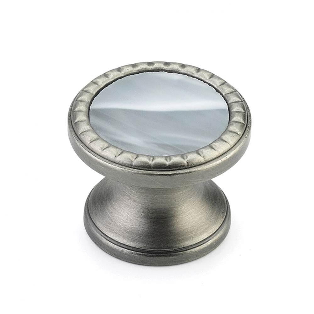 Knob, Round, Antique Nickel, Greystone Glass, 1-1/4'' dia