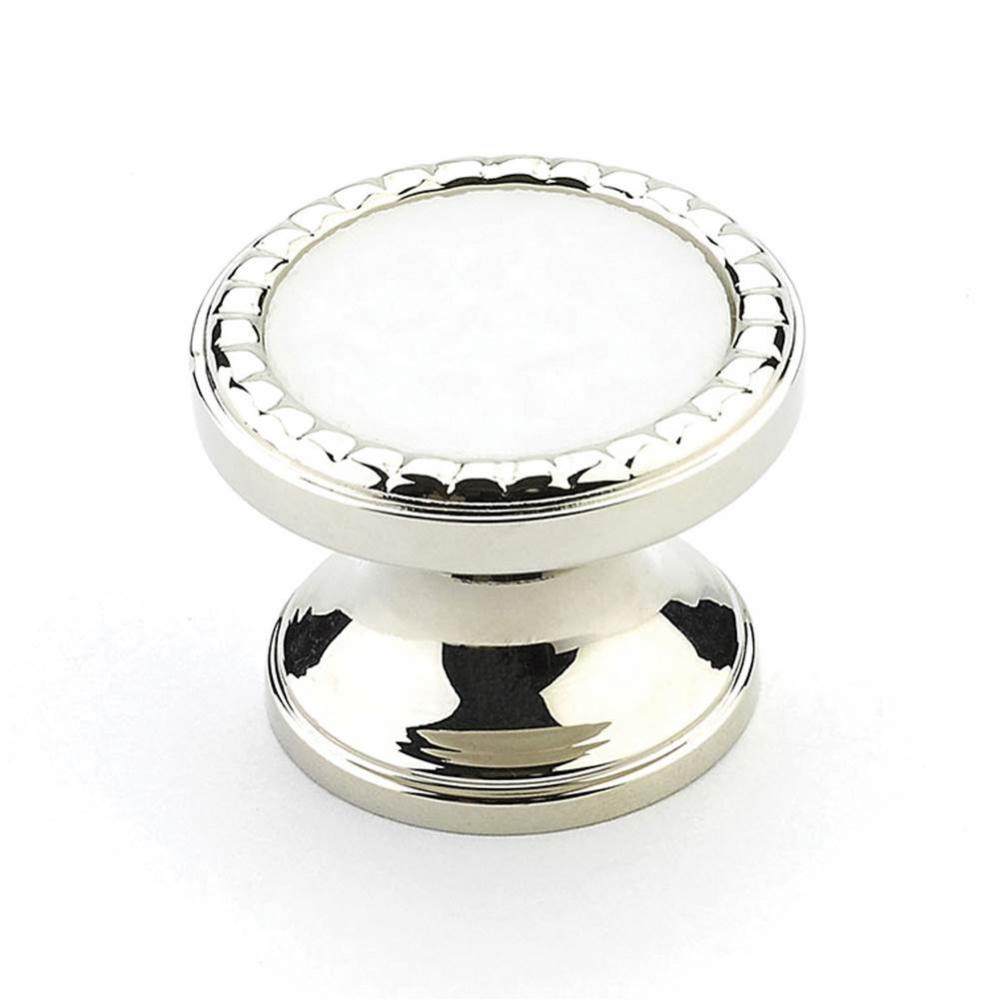 Knob, Round, Polished Nickel, Classic White Glass, 1-1/4'' dia