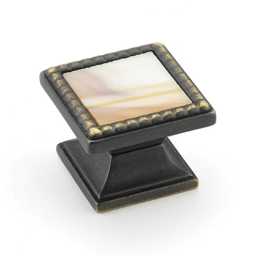 Knob, Square, Ancient Bronze, Almond Glass, 1-1/4'' dia