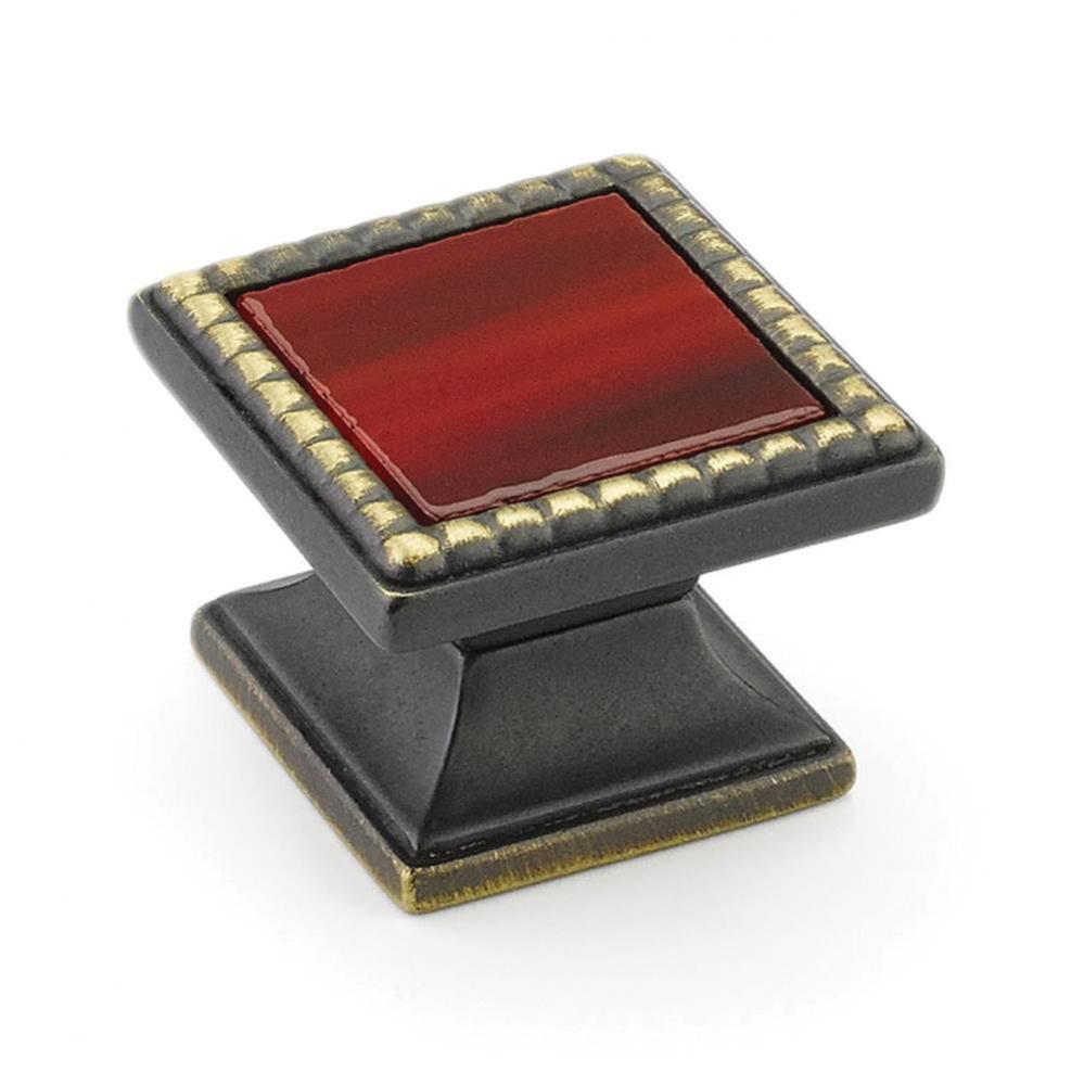 Knob, Square, Ancient Bronze, Scarlet Glass, 1-1/4'' dia