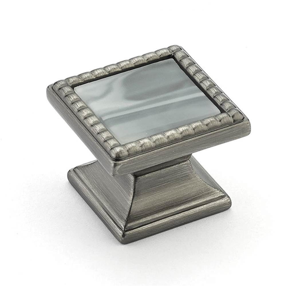 Knob, Square, Antique Nickel, Greystone Glass Inlay, 1-1/4'' dia