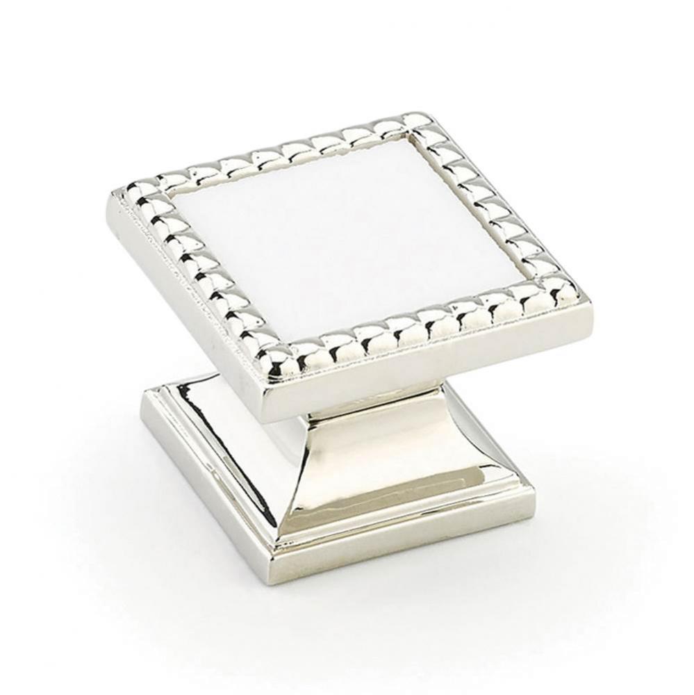 Knob, Square, Polished Nickel, Classic White Glass Inlay, 1-1/4'' dia