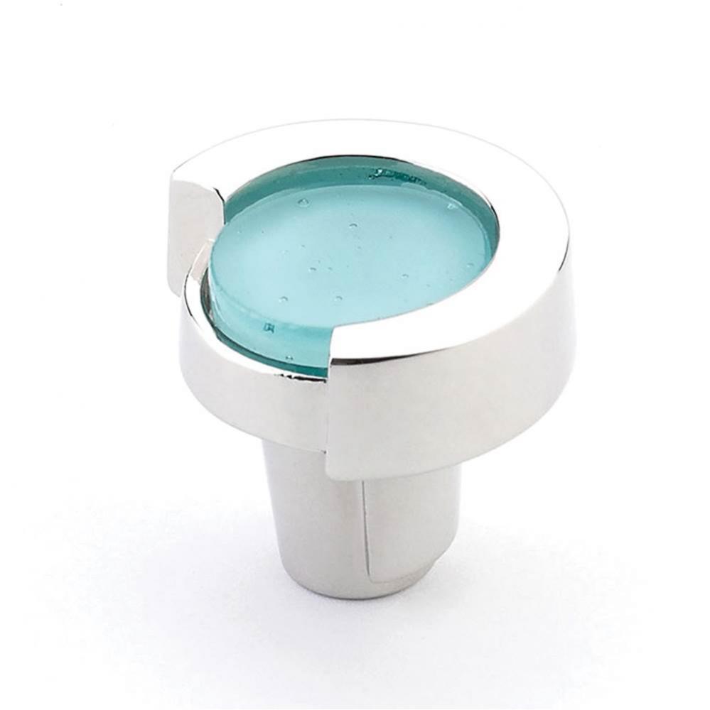 Knob, Round, Polished Nickel, Turquoise Glass, 1-1/4'' dia