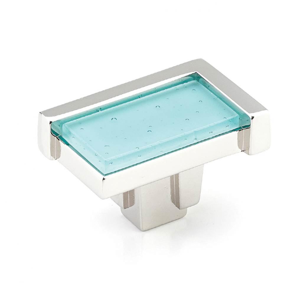 Knob, Rectangle, Polished Nickel, Turquoise Glass, 1-3/4'' dia