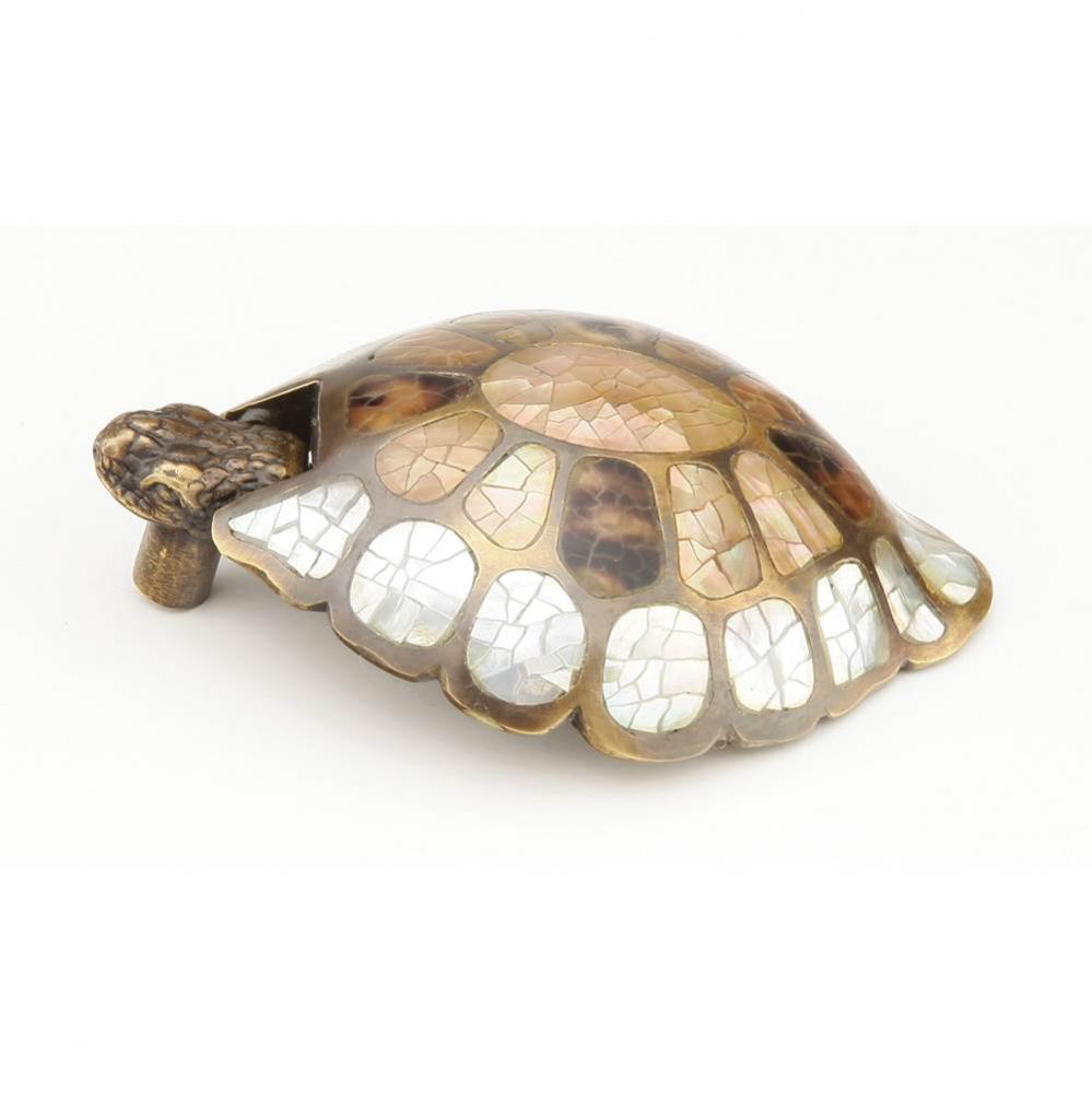 Nature,Solid Brass Turtle Pendant Pull With White Mother Of Pearl And Tiger Penshell Inlay, 2-3/8&