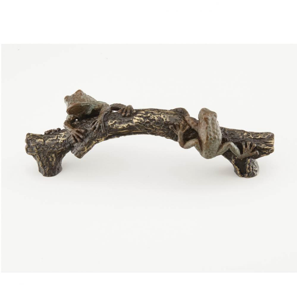 Nature,Solid Brass Frog On A Log Pull, In Highlighted Bronze Finish With Frog In Pompiean Bronze