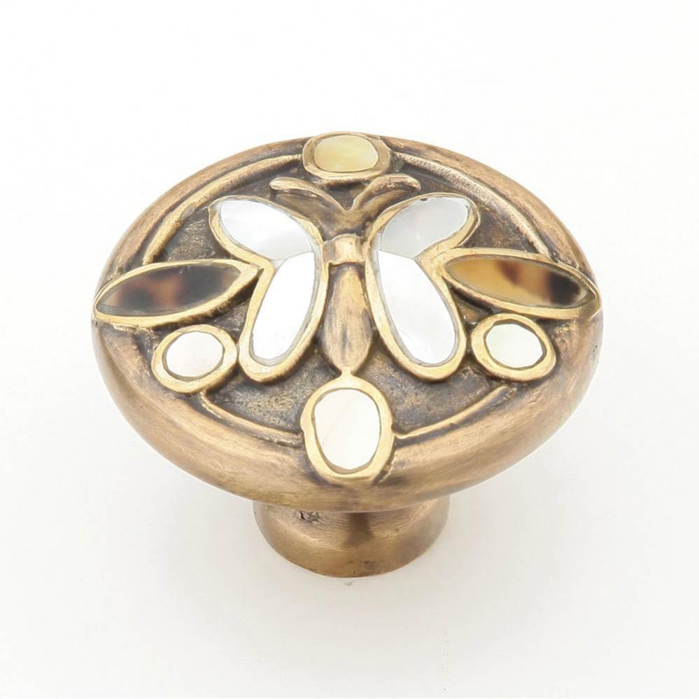 Heirloom Treasures,Solid Brass Knob,1-1/2'' Dia With Tiger Penshell And White And Yellow