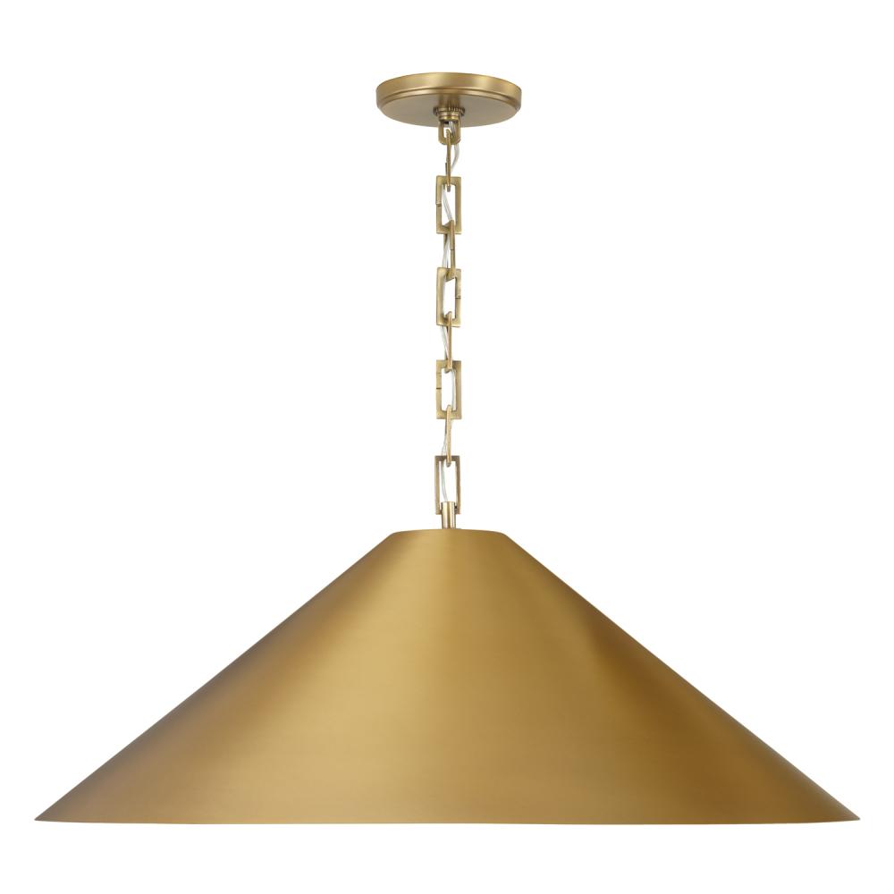 1-Light Metal Cone Pendant in Aged Brass with Painted Brass Interior and Rectangular Designer Chain