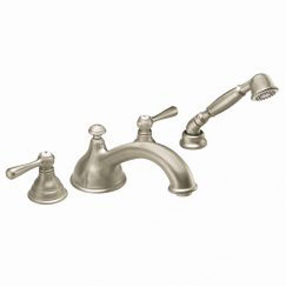 Brushed nickel two-handle roman tub faucet includes hand shower