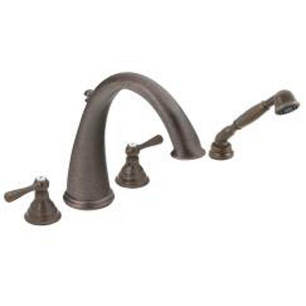 Oil rubbed bronze two-handle roman tub faucet includes hand shower