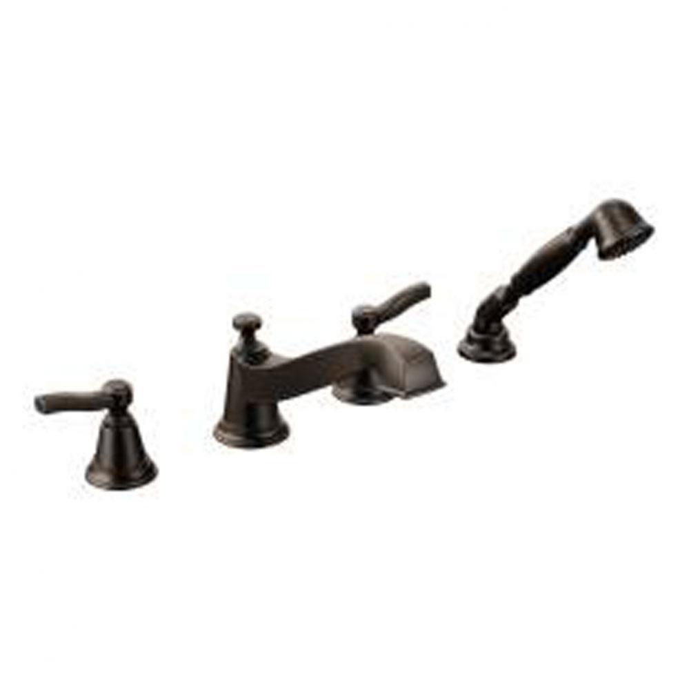 Oil rubbed bronze two-handle roman tub faucet includes hand shower