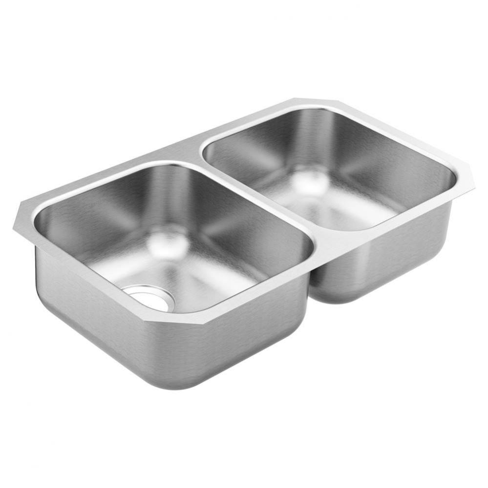 2000 Series 31.75-inch 20 Gauge Undermount Double Bowl Stainless Steel Kitchen Sink, Rear Drain