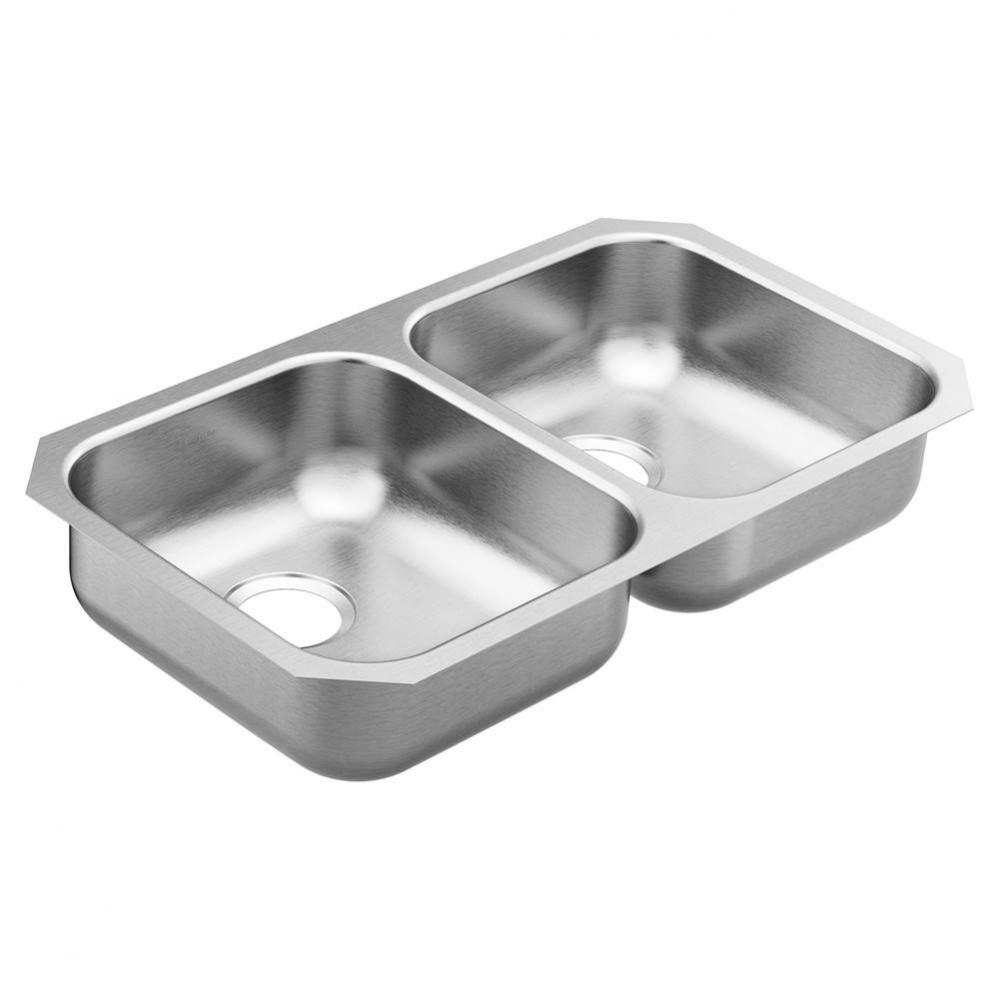 2000 Series 31.25-inch 20 Gauge Undermount Double Bowl Stainless Steel Kitchen Sink, Rear Drain