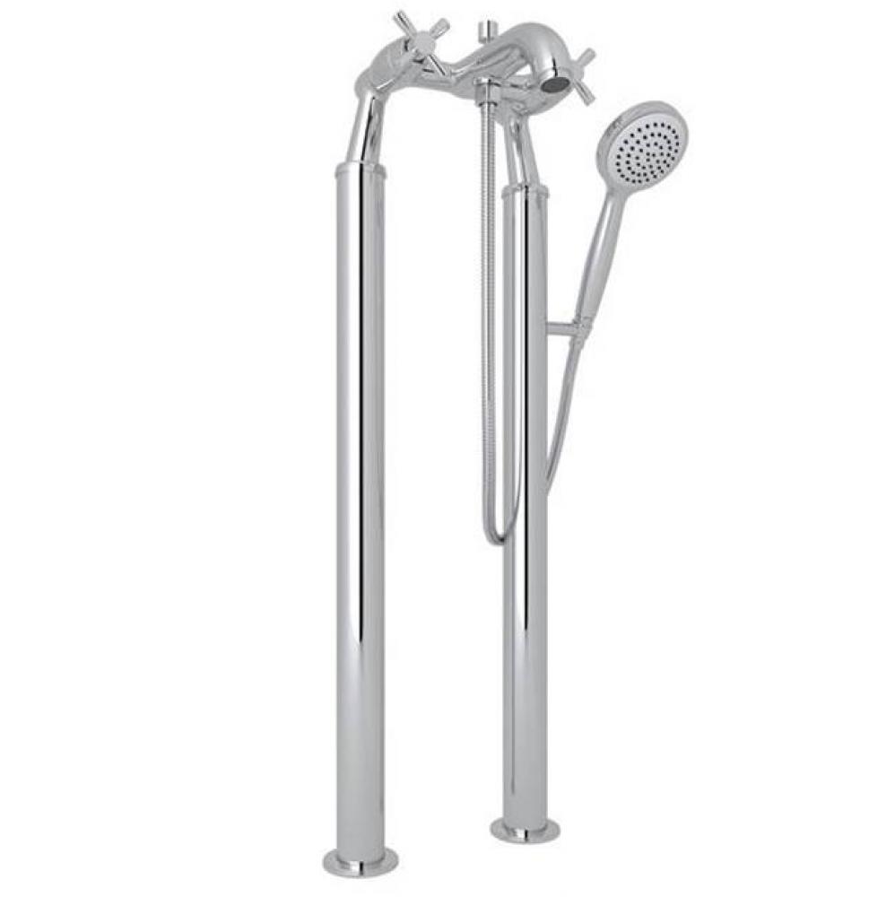 Perrin & Rowe® Holborn Floor Mount Bathtub Filler Handshower with Cross Handles in Polish