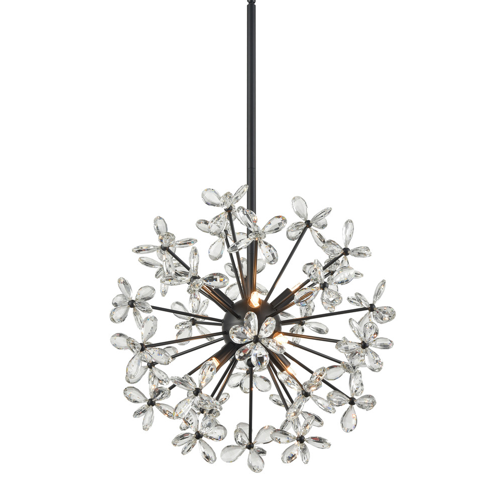 8-Light Floral Crystal Pedal Sputnik Matte Black Pendant Light