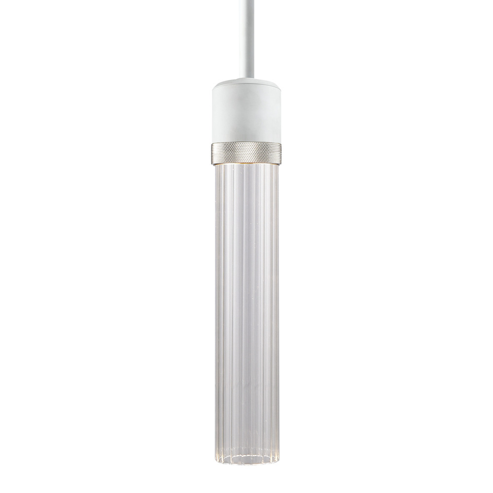 3" LED 3CCT Cylindrical Pendant Light, 12" Fluted Glass and Matte White with Nickel Finish