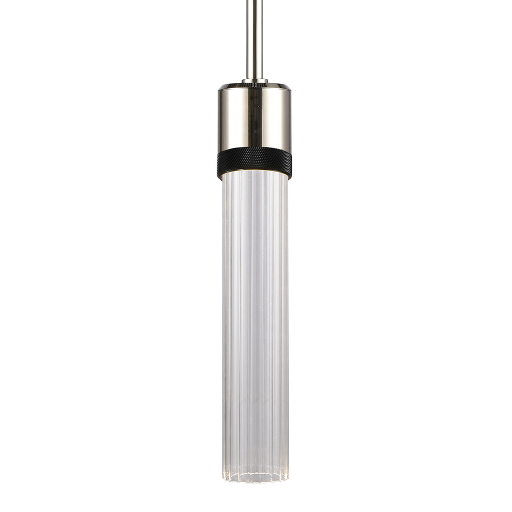 3" LED 3CCT Cylindrical Pendant Light, 12" Fluted Glass and Polished Nickel with Black Finis