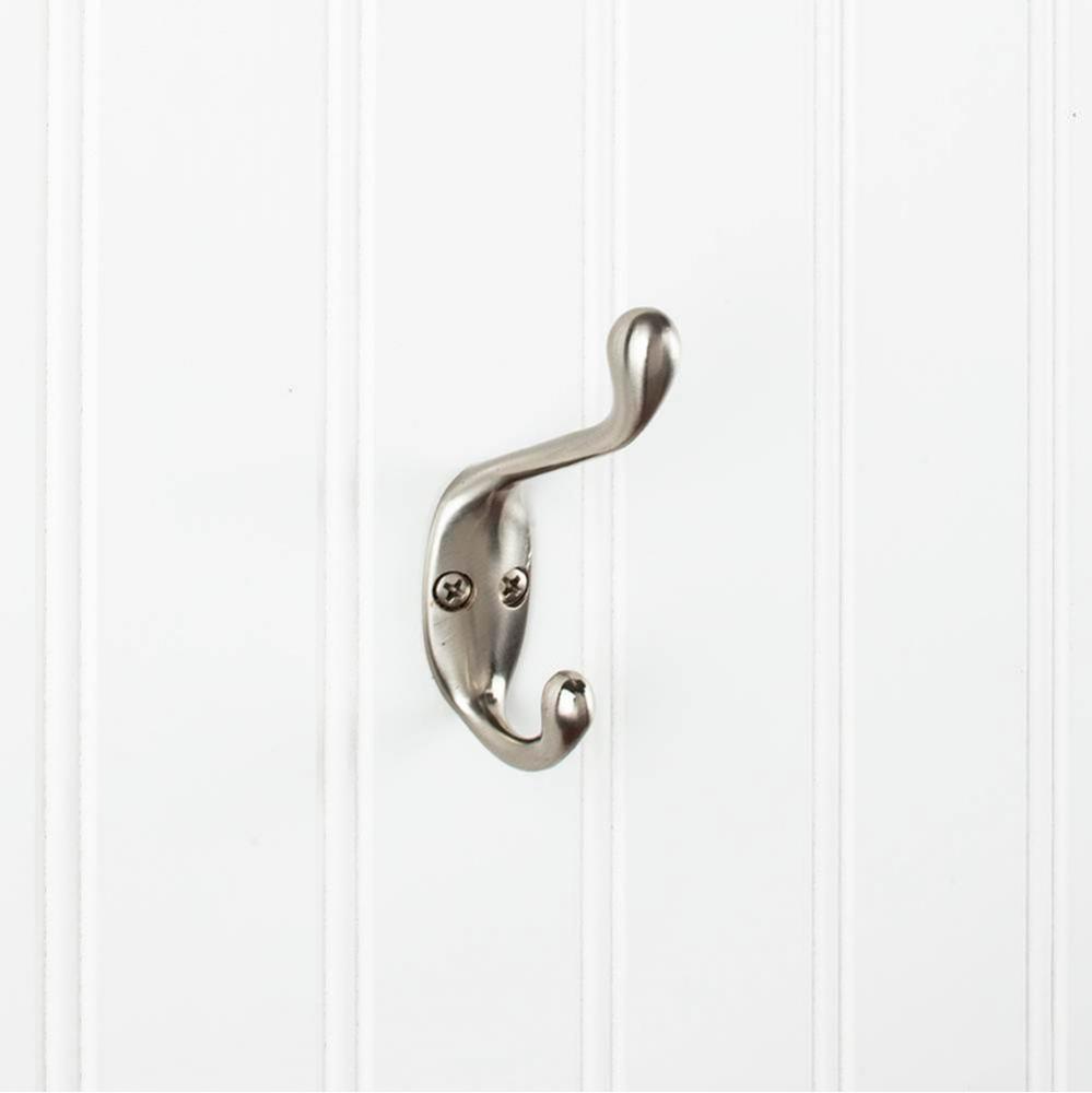 3-3/8'' Satin Nickel Small Transitional Double Prong Wall Mounted Hook