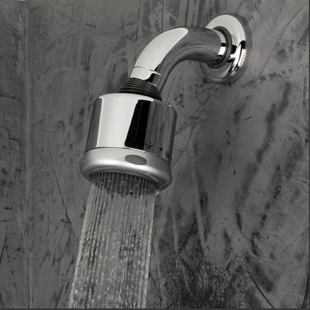 Wall-mount tilting round shower head with arm and flange, three jets.