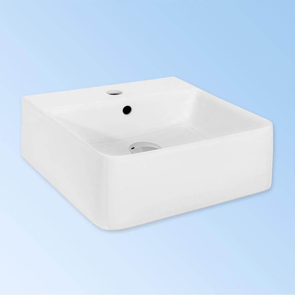 Wall-mount or above-counter porcelain sink with an overflow. 01 - one  faucet hole on the center,