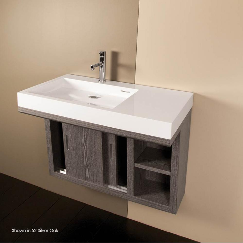 Wall-mounted under-counter vanity with two sliding doors, two open cubbies on the right, and accen