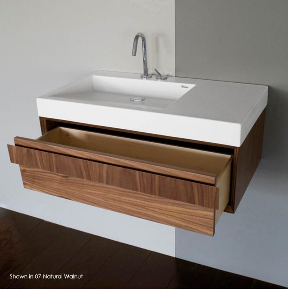 Wall-mount under-counter vanity with finger pulls on one drawer, the drawer has Ushaped notch for