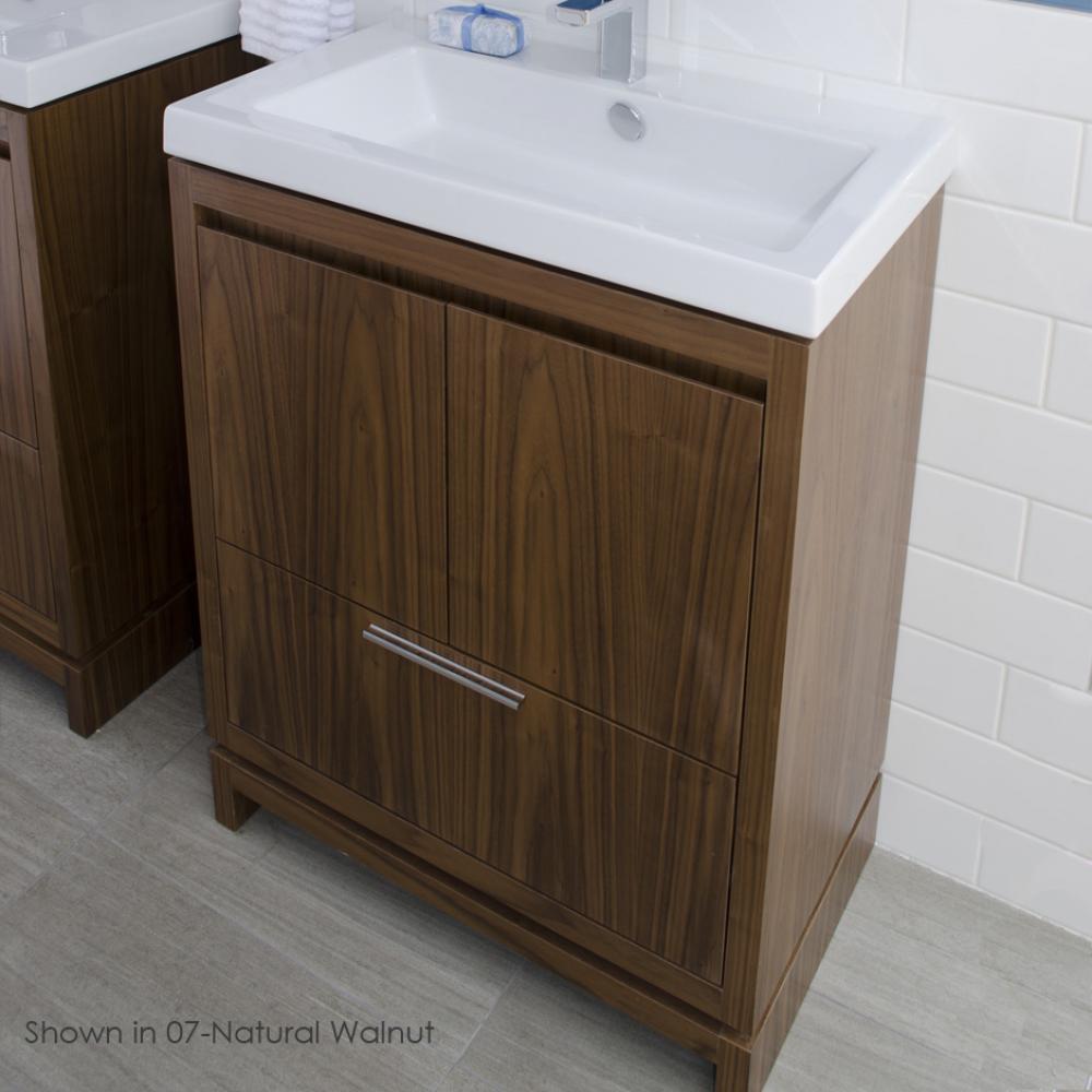 Free-standing under-counter vanity with finger pulls across top doors and polished chrome pull acr