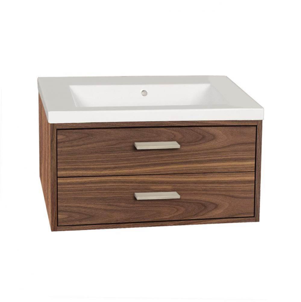 Wall-mount under-counter vanity with two push-open drawers adorned with metal inserts and equipped