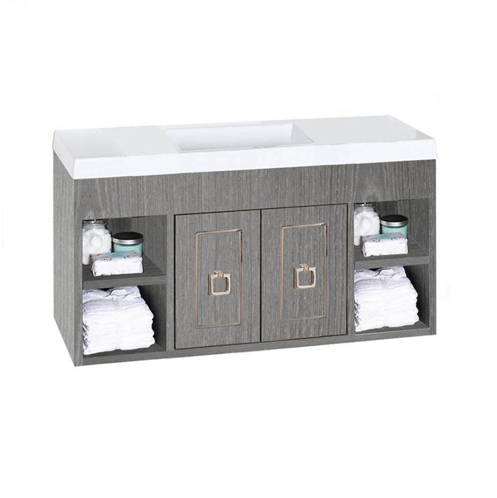 Wall-mount under-counter vanity with open cubby on both sides  with an adjustable shelf, and two d