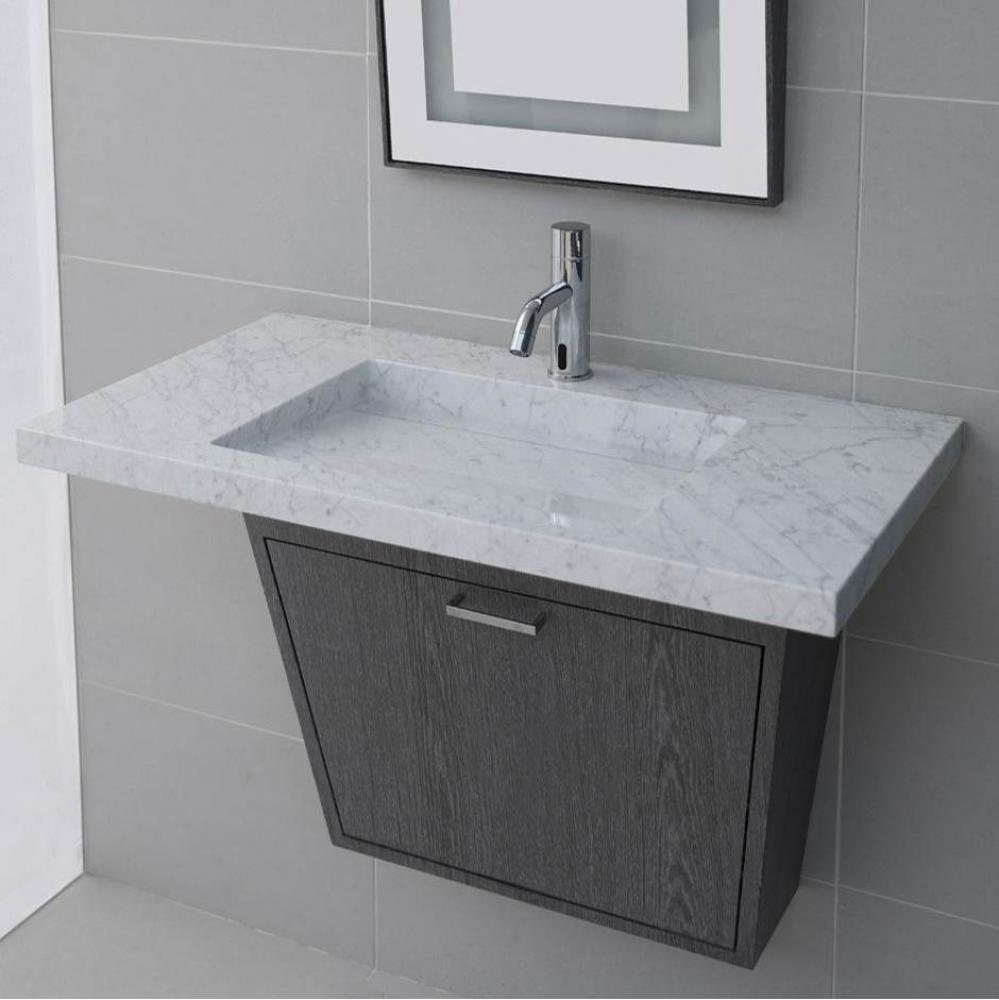 Wall-mount vanity with one flip-down door (pull installed upon request); ADA compliant. Sink top 5