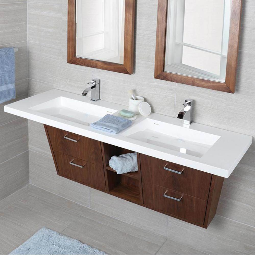 Wall mount under counter vanity with two open cubbies, four flip open doors, LED light, and polish