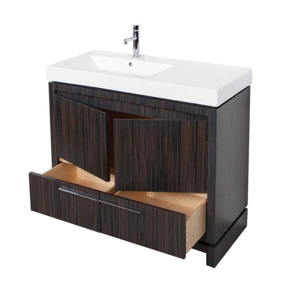 Free standing under counter vanity with finger pulls across top doors and polished chrome pulls ac