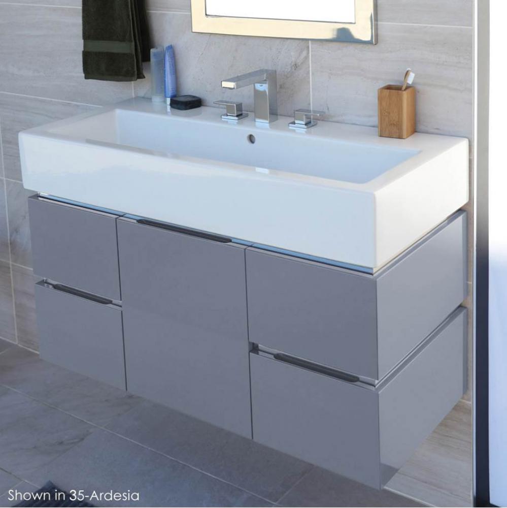 Wall-mounted undercounter vanity with finger pulls and polished steel accents, four drawers and on