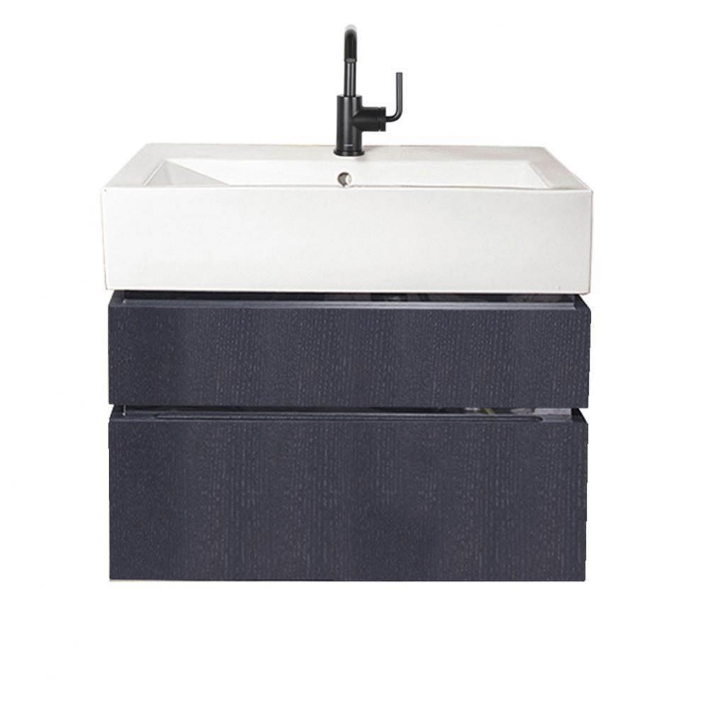 Wall-mount undercounter vanity with finger pulls, no  polished steel accents, both drawers have U-