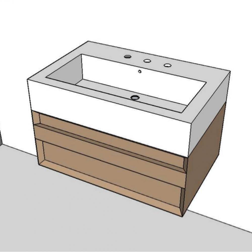 Wall-mount under-counter vanity with finger pulls on one drawer, the drawer has U-shaped notch for