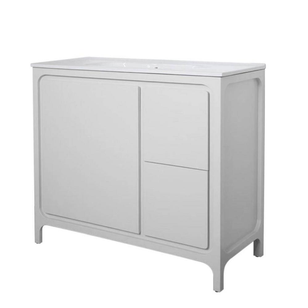 Free standing under counter vanity with routed finger pulls on two drawers and one door.