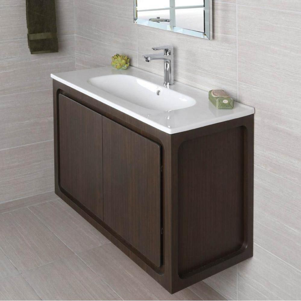 Wall-mount under-counter vanity with pull out bottom behind two finger pull doors.  W:31 1/2'