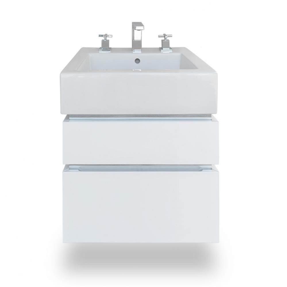 Wall-mount under-counter vanity with finger pulls, without polished steel accents, bothdrawers hav