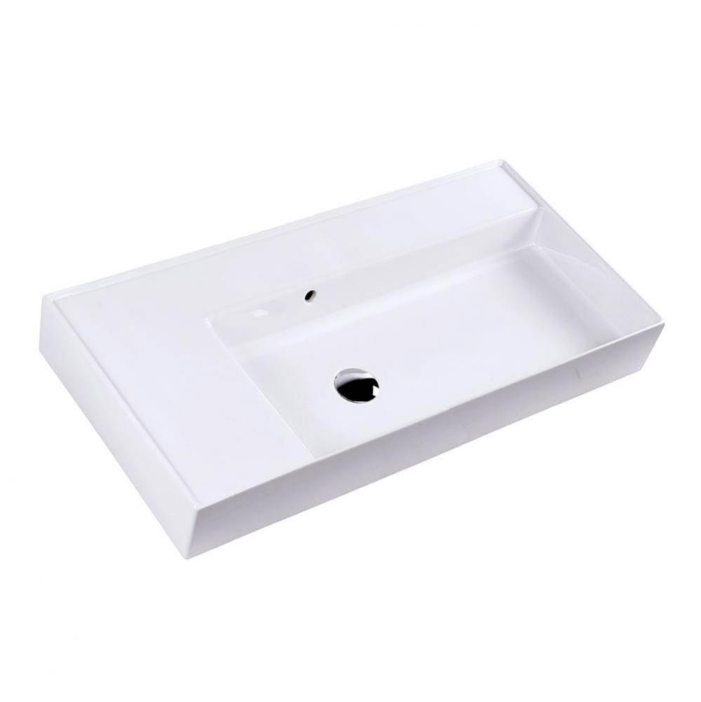 Wall-mount or vanity top porcelain sink with an overflow and a deck on the right-hand or left-hand