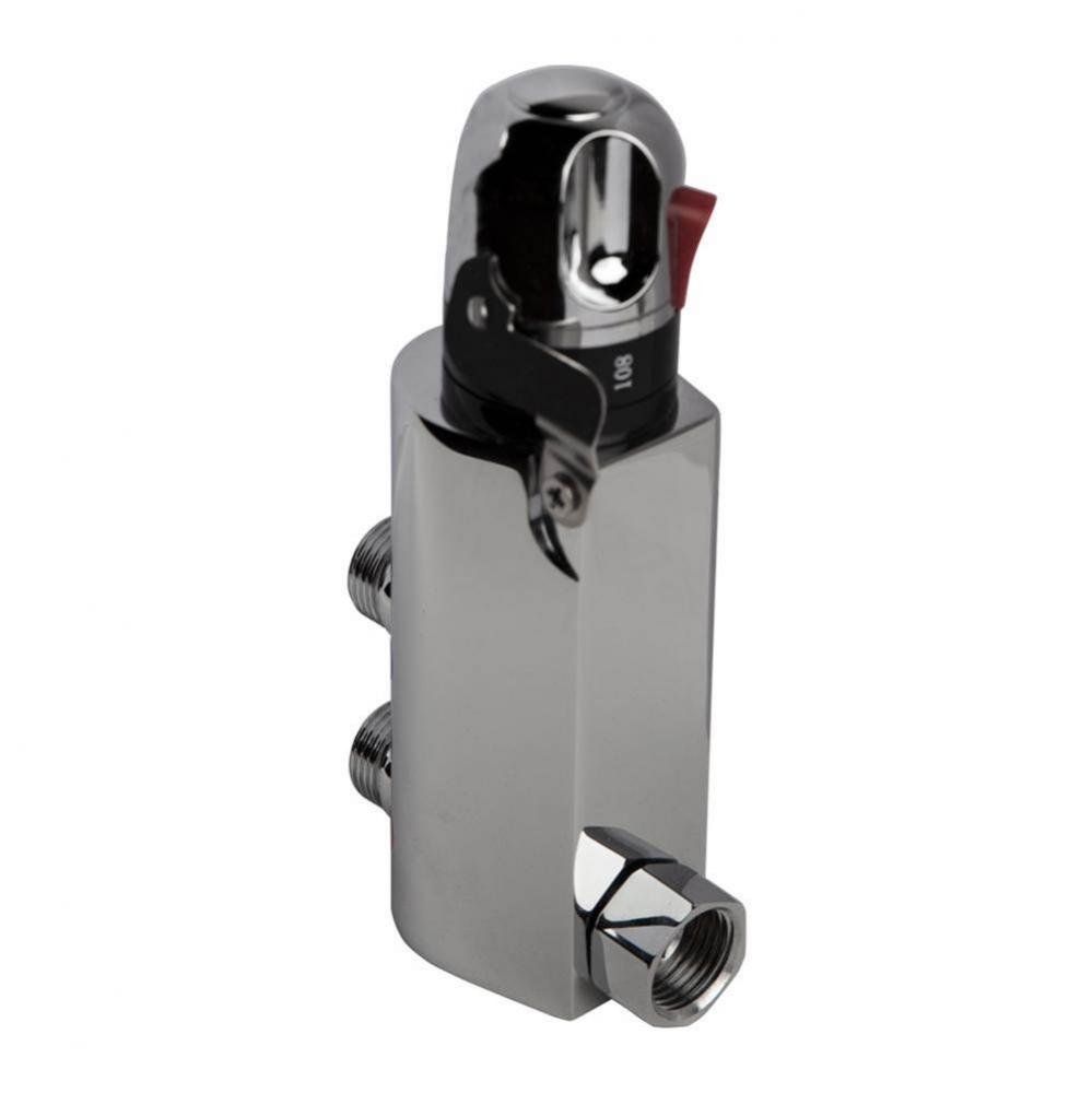 Integrated thermostatic mixing valve. It includes built-in filters and back check valves. W: