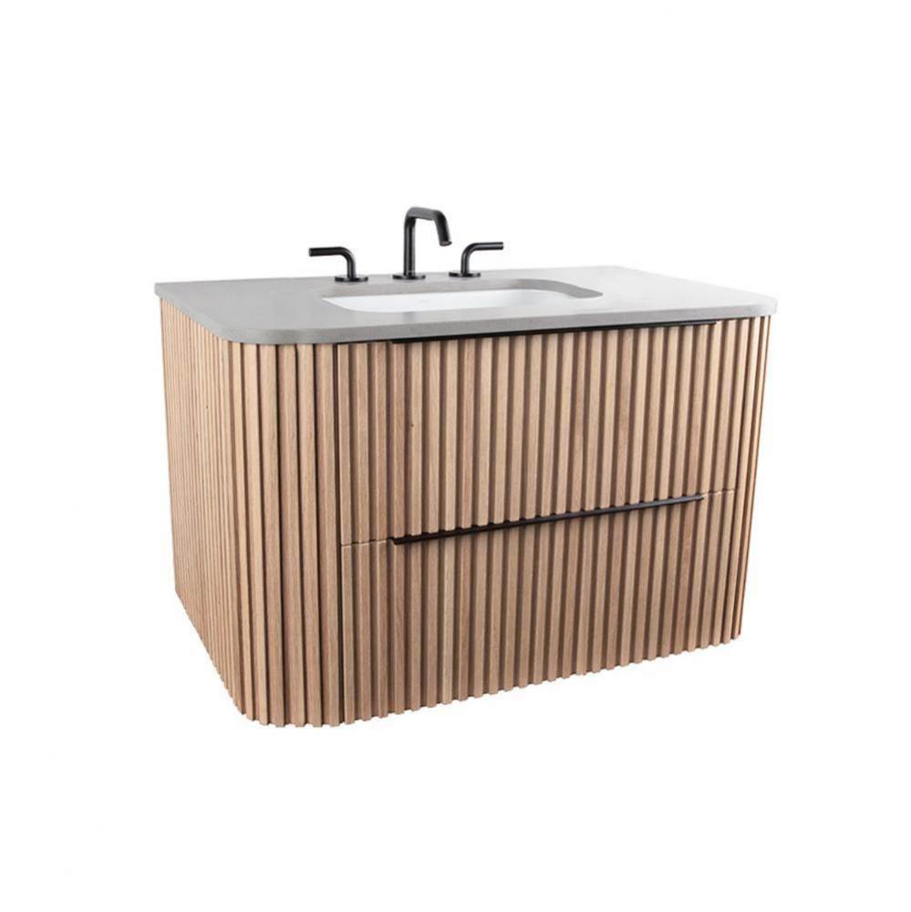 Wall-mount under-counter vanity with rounded corners, fluted detailing and four drawers. Counterto