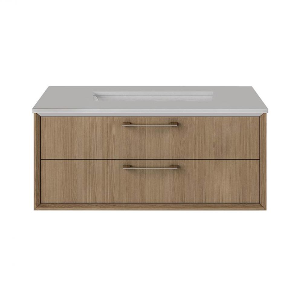 Cabinet of wall-mount under-counter vanity featuring one drawer and solid surface countertop with